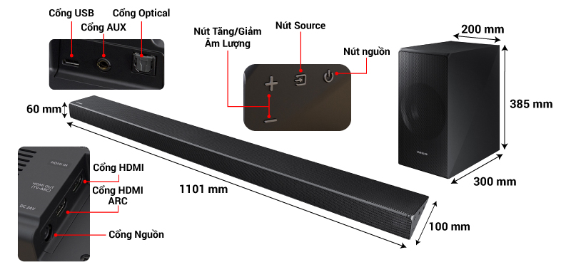 kích thước loa soundbar samsung hw n650