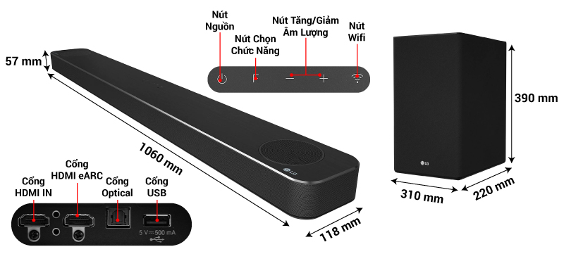 kích thước loa thanh lg sn8y