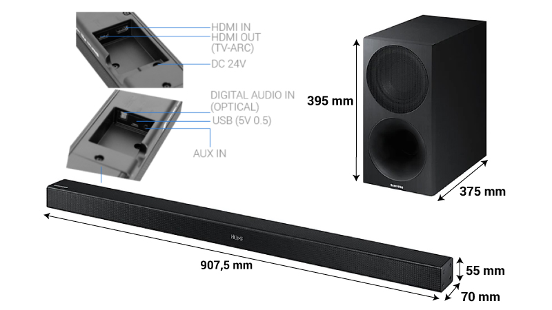 kích thước loa thanh samsung hw m450