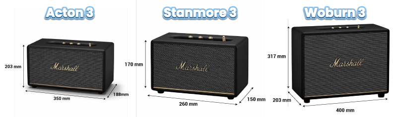 Kích thước của Marshall Acton 3 vs Stanmore 3 vs Woburn 3