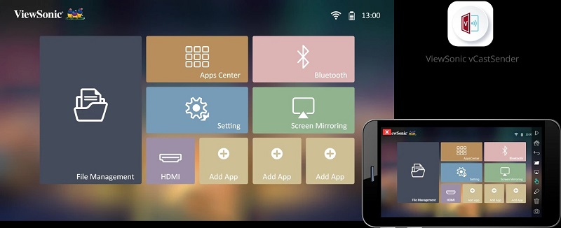 máy chiếu viewsonic m1 mini plus với kết nối và điều khiển bằng điện thoại