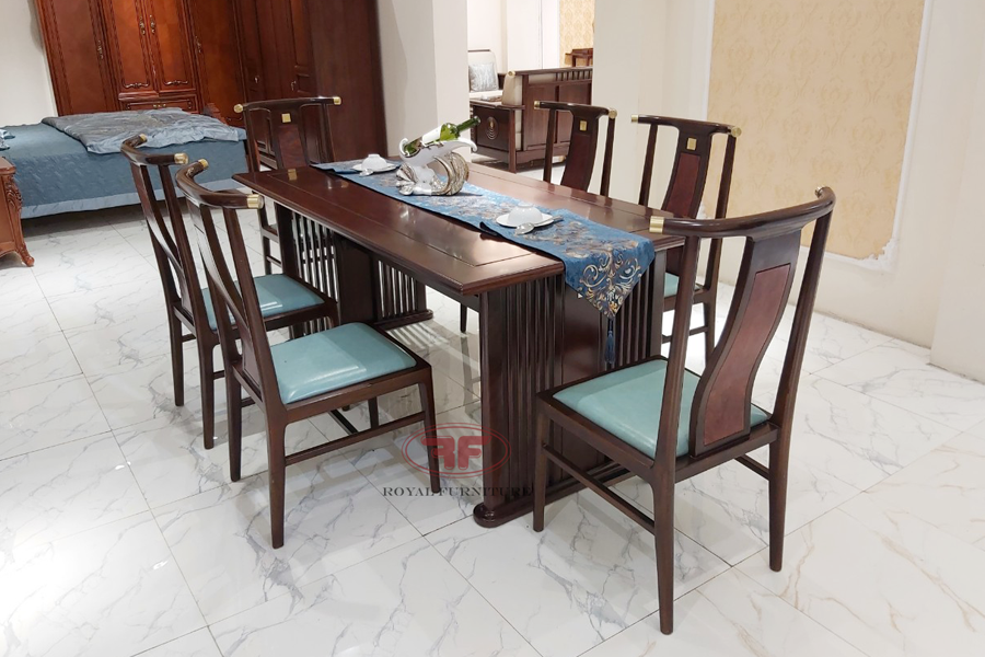 Bộ bàn ăn indochine 1m8 kết hợp 6 ghế bọc da xanh ngọc bích A01