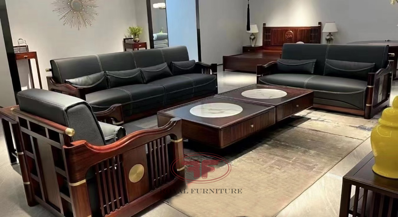 Bộ bàn ghế sofa da phòng khách Indochine da thật 9809