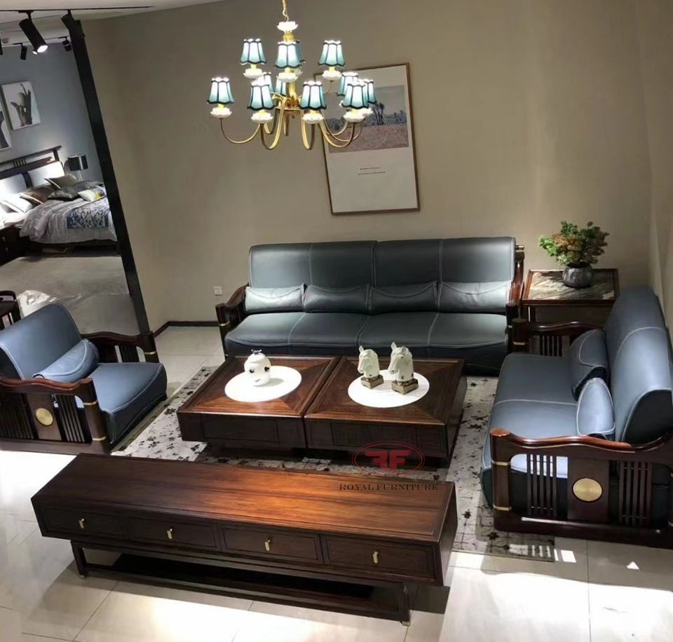 Bộ bàn ghế sofa da phòng khách Indochine da thật 9809