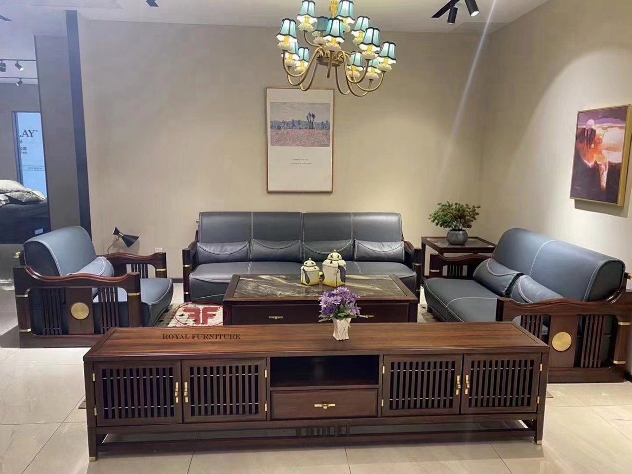 Bộ bàn ghế sofa da phòng khách Indochine da thật 9809