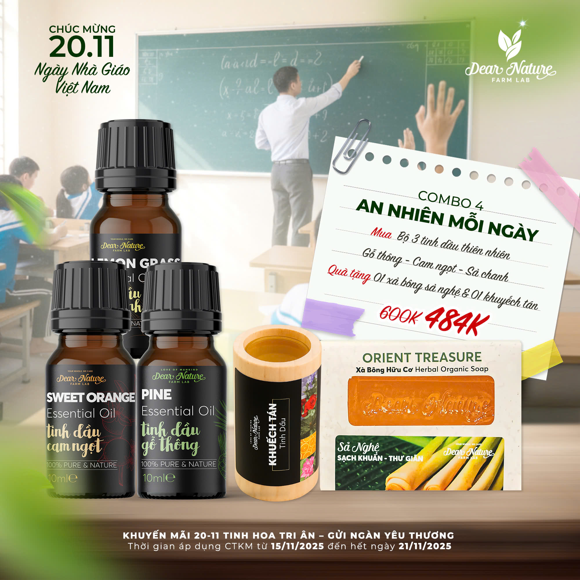 Combo An nhiên mỗi ngày Dear Nature gồm tinh dầu gỗ thông, cam ngọt và sả chanh