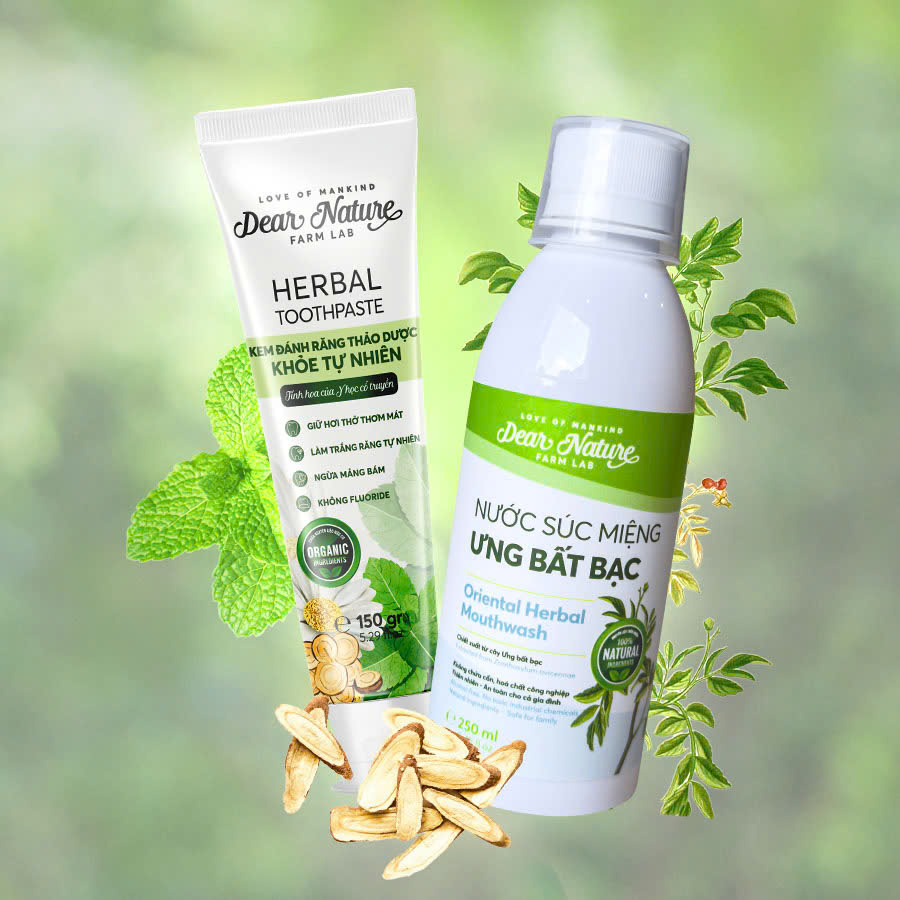 Bộ đôi chăm sóc răng miệng hàng ngày Dear Nature: Kem đánh răng dược liệu và Nước súc miệng Ưng Bất Bạc"