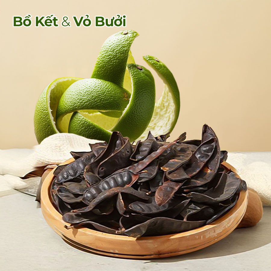 Quả Bồ Kết khô và vỏ bưởi tươi - bộ đôi thảo dược giúp làm sạch và kích thích mọc tóc tự nhiên.