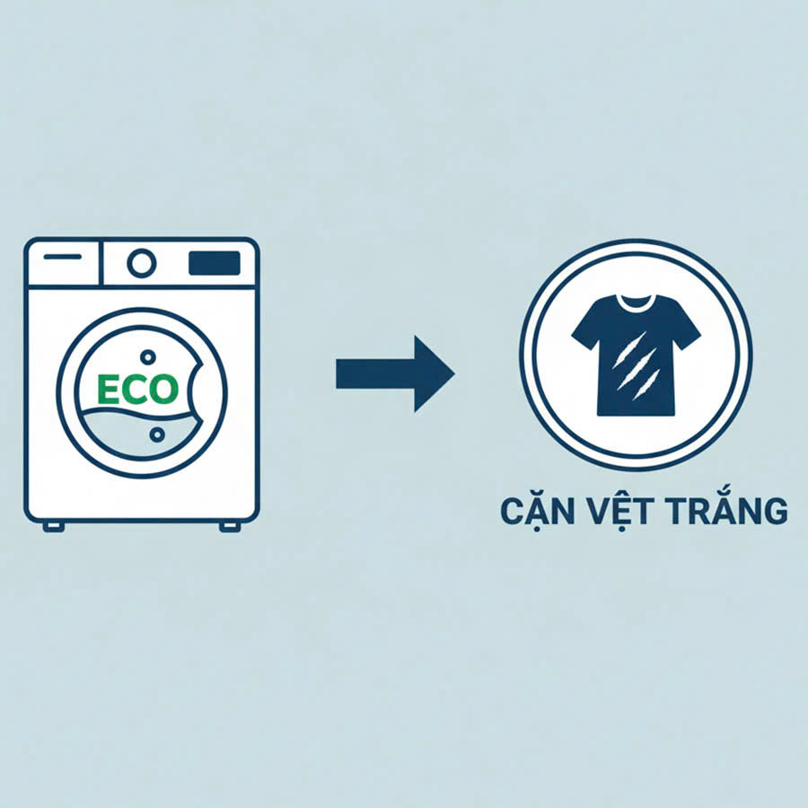 Chế độ giặt tiết kiệm nước Eco là nguyên nhân gây vệt trắng, cặn xà phòng trên quần áo