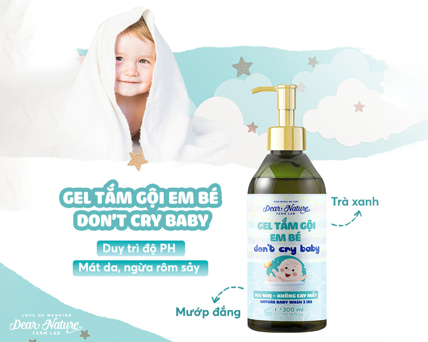 Gel tắm gội em bé Khoẻ Tự Nhiên Don't cry baby - Thành phần thảo dược thiên nhiên, lành tính, Giúp làm sạch da bé dịu nhẹ