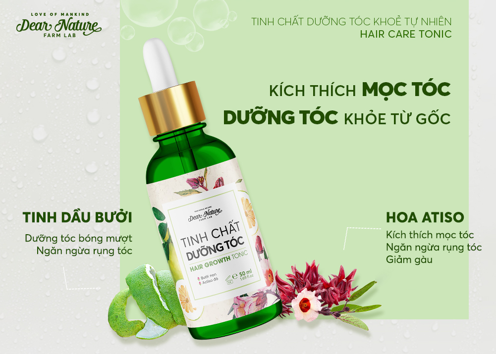 Tinh chất dưỡng tóc Khỏe Tự Nhiên - Chiết xuất từ hoa Atiso, Redensil, Hà thủ ô,... giúp nuôi dưỡng tóc từ sâu bên trong, kích thích mọc tóc, giảm rụng tóc, phục hồi tóc hư tổn.