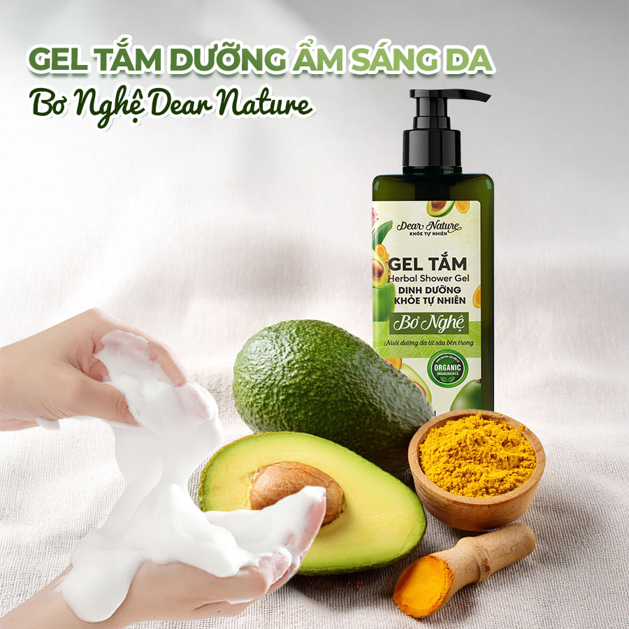 Gel tắm dưỡng ẩm sáng da Bơ Nghệ Dear Nature với chiết xuất trái bơ và nghệ