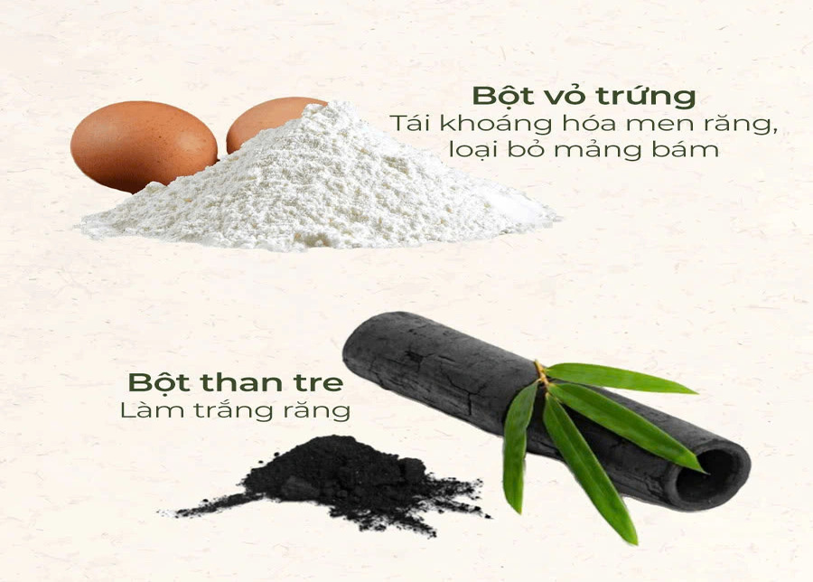 Bột than tre đen mịn và bột vỏ trứng trắng ngà