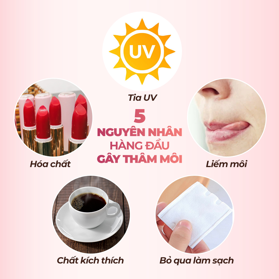 5 nguyên nhân hàng đầu gây thâm môi phổ biến bao gồm tia UV, son môi, liếm môi, cà phê và không tẩy trang