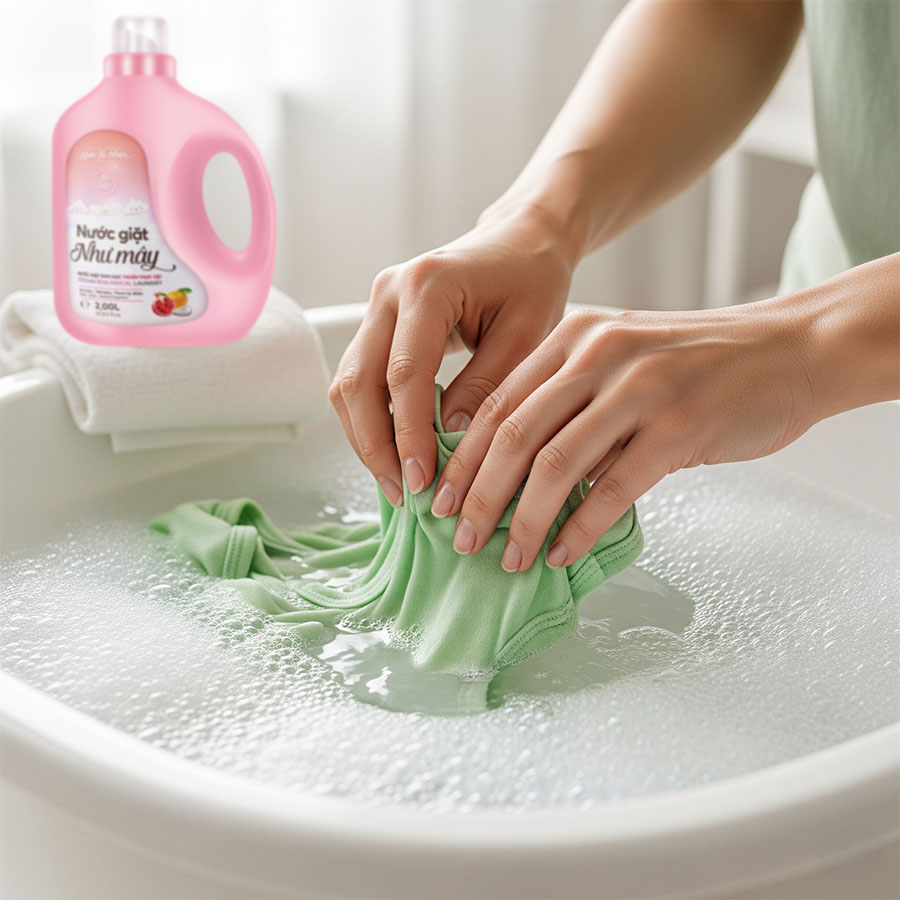 "Nước giặt sinh học Như Mây dịu nhẹ cho da tay khi giặt"