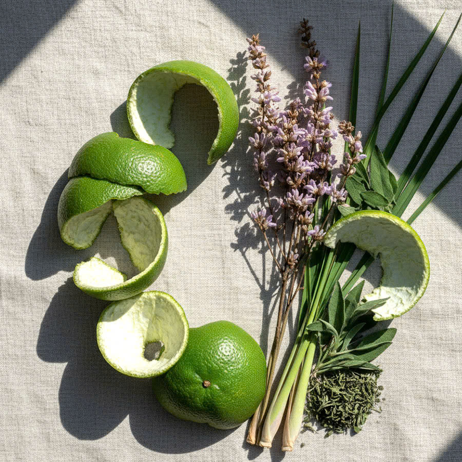 Các thành phần thảo mộc chính của Dầu gội Herbal Shampoo như Bồ kết, Vỏ bưởi, Mần trầu