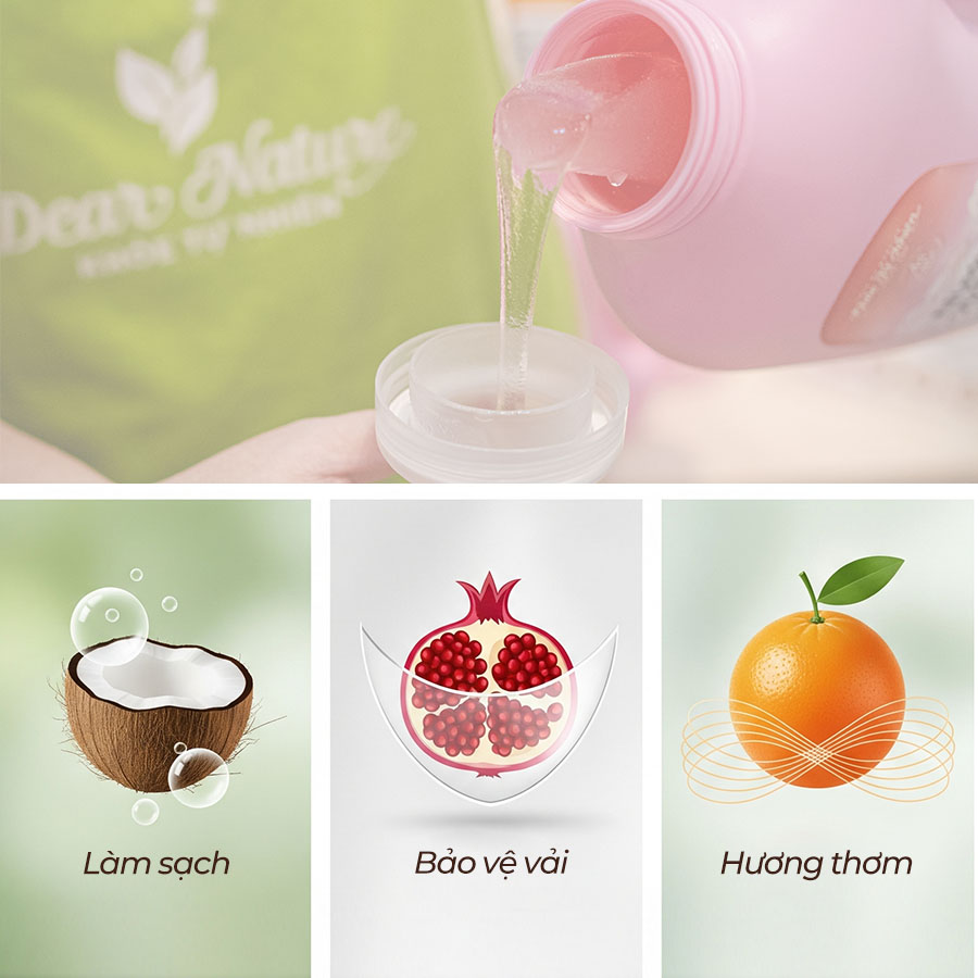 ="Thành phần thiên nhiên từ dừa, lựu, cam trong nước giặt Như Mây"