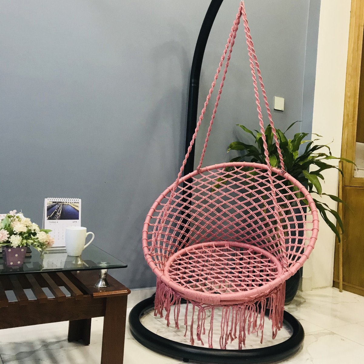 Bộ xích đu cotton swing màu hồng nhạt có cần treo