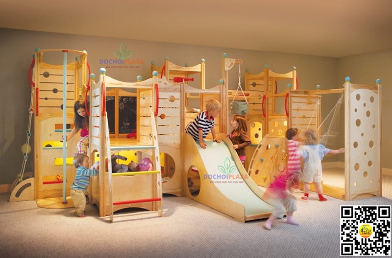 Cầu trượt  + Bộ vận động liên hoàn Bằng gỗ Size 518x276x220 Cm Playest Kids Wood Slide new
