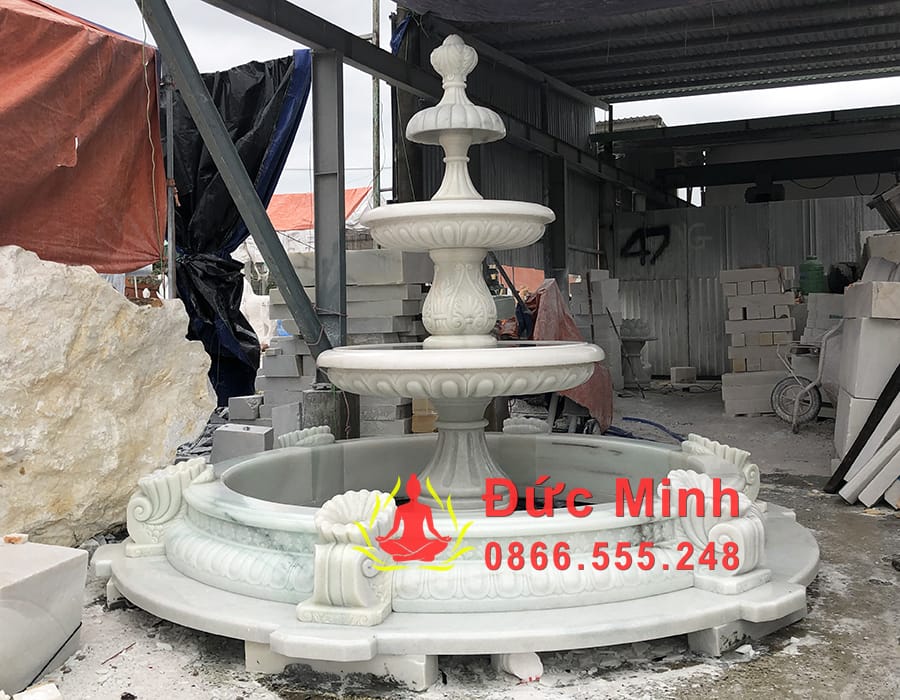 Đài Phun Nước Đá Trắng Phong Thủy Kèm Hồ Đẹp