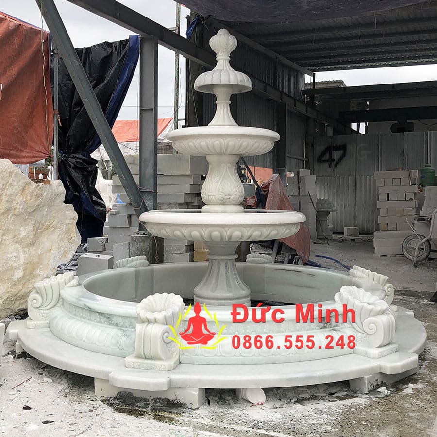 Đài Phun Nước Đá Trắng Phong Thủy Kèm Hồ Đẹp