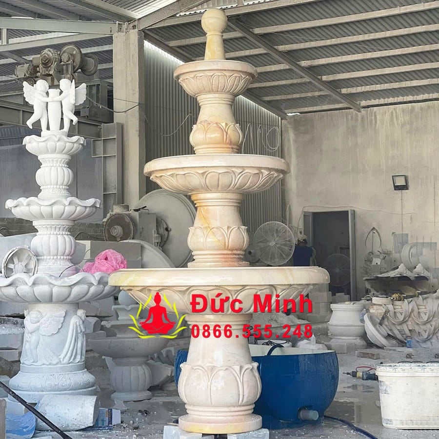 Đài Phun Nước Đá Vàng Phong Thủy Đẹp 3 Tầng