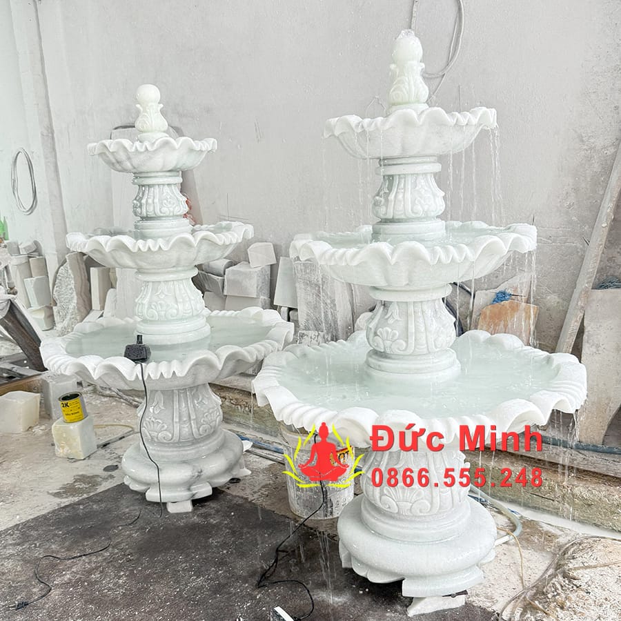 Đài Phun Nước Đá Trắng Phong Thủy Cao 1m5
