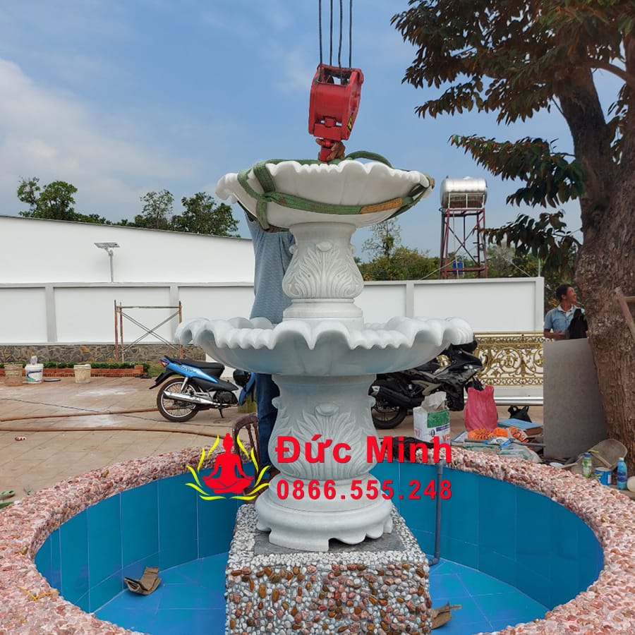 Lắp Đặt Đài Phun Nước Đá Trắng Phong Thủy Đẹp cao 2m