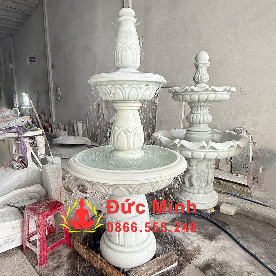 Đài Phun Nước Đá Trắng 2 Tầng Đẹp