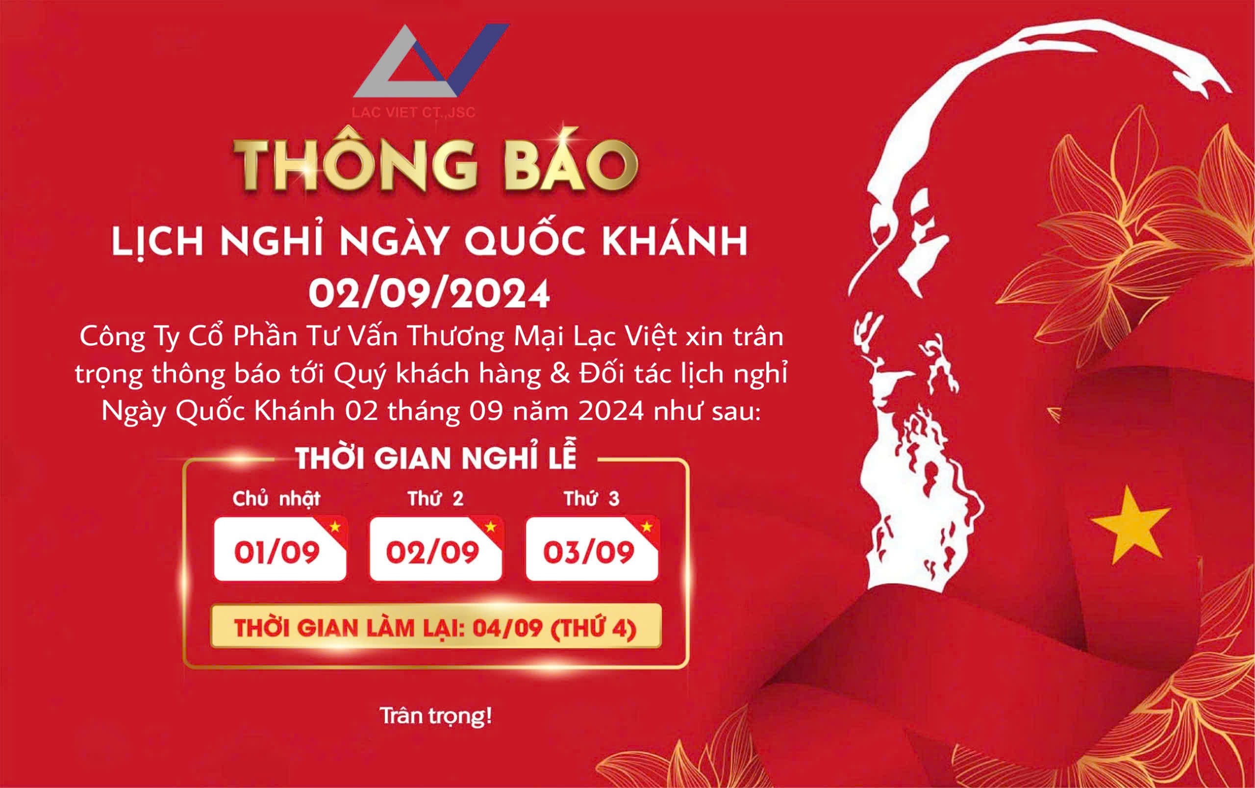 Lịch nghỉ lễ Quốc Khánh của công ty Lạc Việt năm 2024
