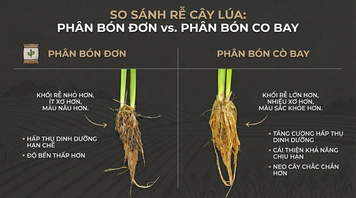 So sánh bộ rễ cây lúa giữa quy trình dùng phân Cò Bay và đối chứng