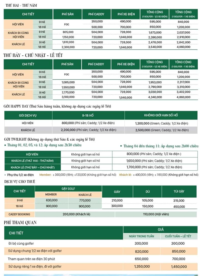 Bảng giá chi tiết tại Diamond Bay cho golfer