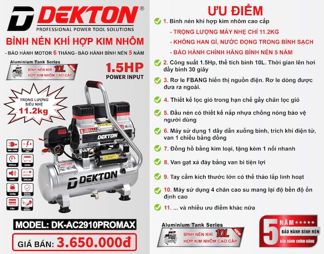 Máy nén khí không dầu thân nhôm Dekton DK-AC2910PROMAX (10L, 1.5Hp)