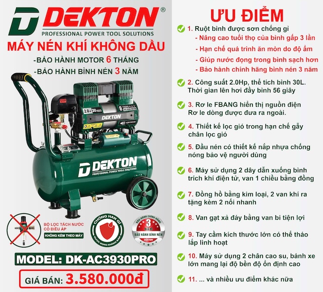 Máy Nén Khí Không Dầu 2HP - 30L Dekton DK-AC3930PRO