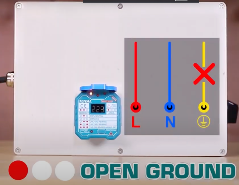 2. Dây nối đất mở (chỉ đèn bên trái sáng): Điều này báo hiệu rằng dây nối đất của ổ cắm không được kết nối đúng cách. Kết nối đất là cần thiết để giảm thiểu nguy cơ giật điện.