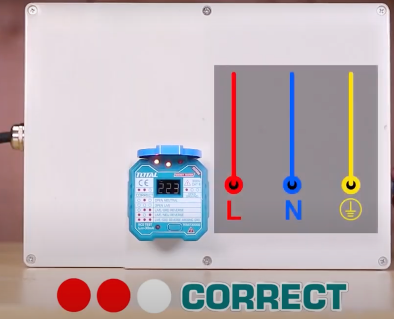 1. Kết nối đúng (đèn trái và giữa sáng): Thiết bị không phát hiện lỗi nào và hiển thị rằng ổ cắm an toàn để sử dụng.