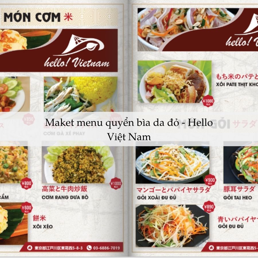 Maket menu quyển bìa da đỏ - Hello Việt Nam