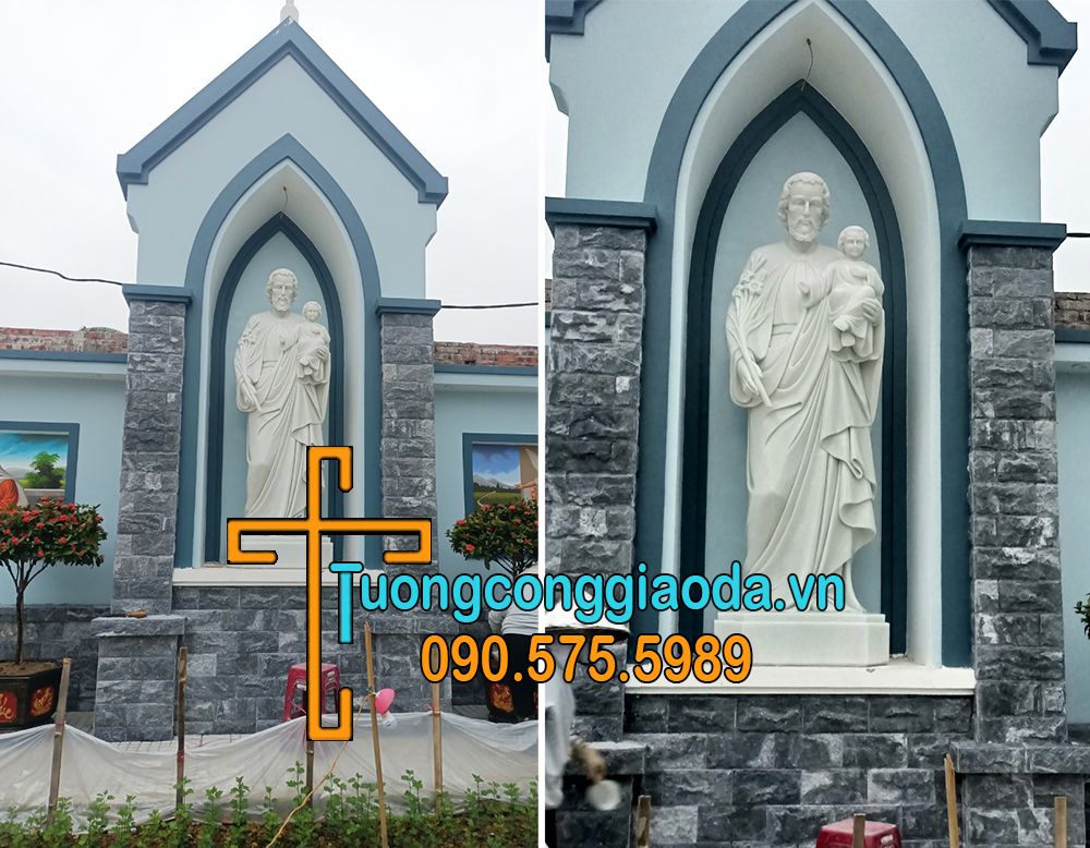 Lắp hoàn thiện tượng thánh giuse bồng chúa bằng đá trắng cao 2m5 tại công trình: