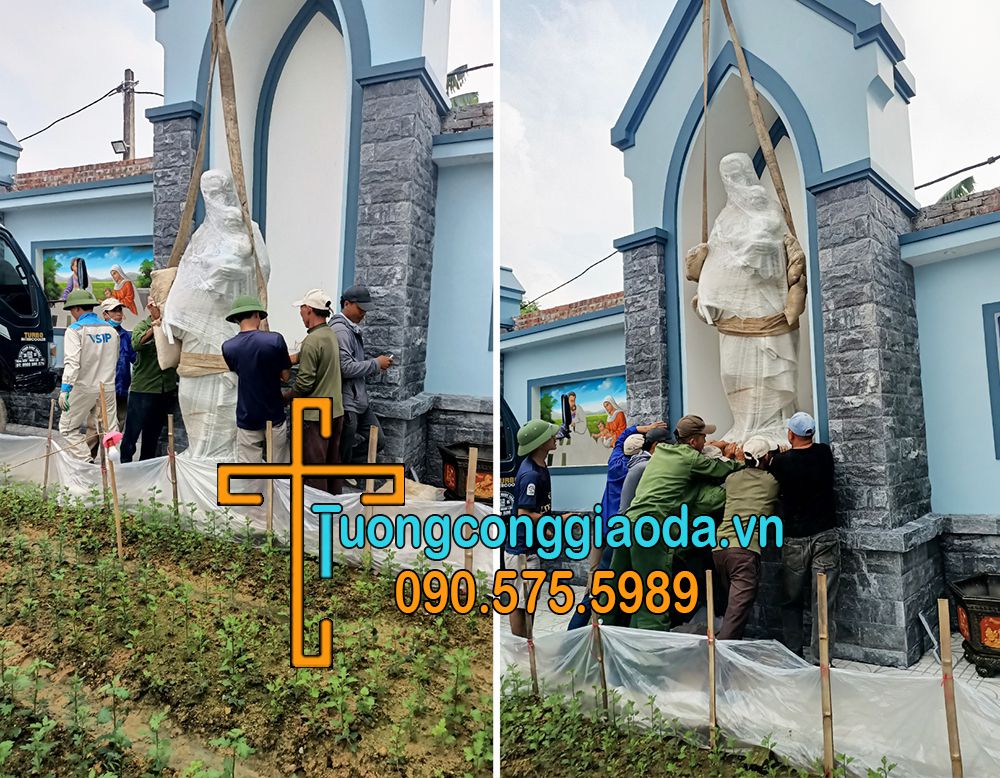 Lắp đặt tượng thánh giuse bồng chúa bằng đá trắng cao 2m5 tại công trình