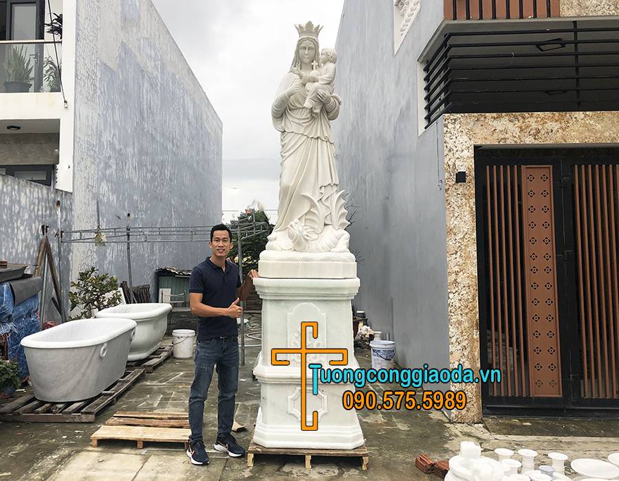 Tượng đức mẹ hằng cứu giúp đá trắng đẹp cao 3m2