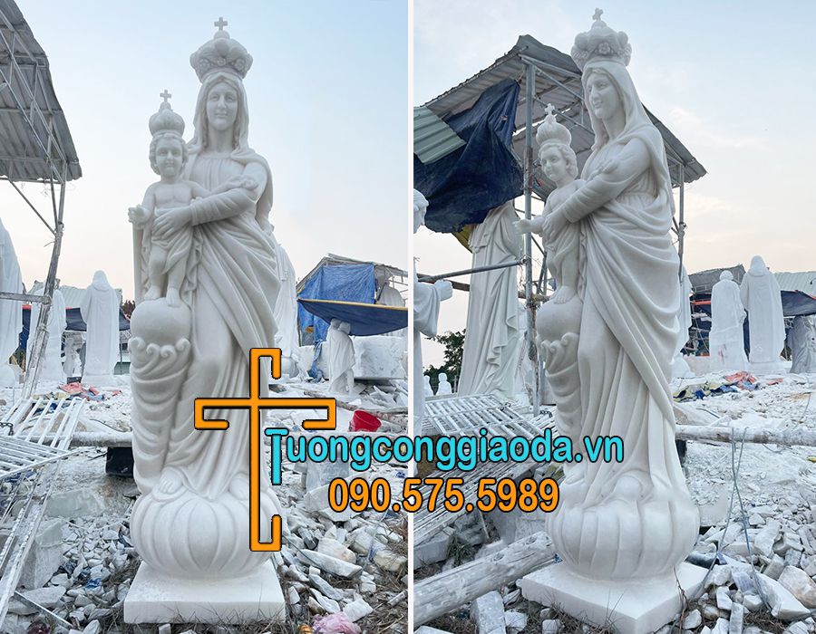 Tượng Đức Mẹ La Vang Dắt Chúa Hài Đồng Đá Tự Nhiên Đẹp