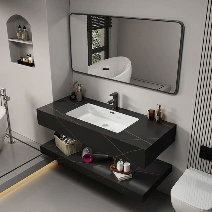 Bàn đá 2 tầng chậu âm tràn viền – Thiết kế sang trọng, 3 màu đen, xám, trắng, tối ưu không gian, chống bám bẩn, dễ vệ sinh