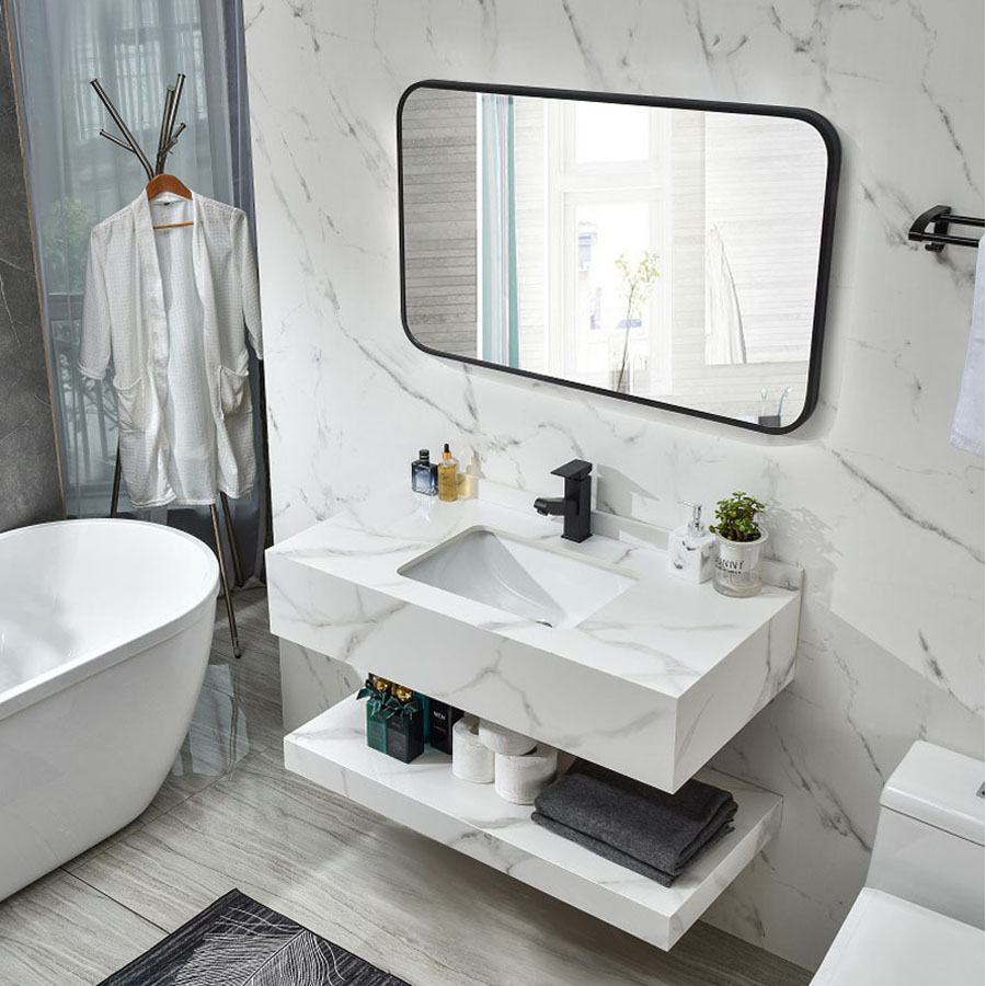 Bàn đá 2 tầng chậu âm tràn viền – Thiết kế sang trọng, đa dạng màu sắc (trắng, đen, xám), tối ưu không gian, chống bám bẩn, dễ vệ sinh.