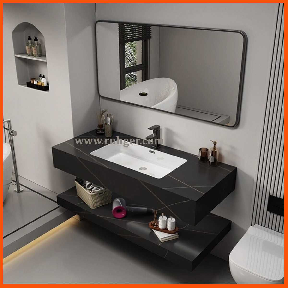 Bàn đá lavabo A8050 màu đen vân mây sang trọng, chậu sứ tràn viền cao cấp