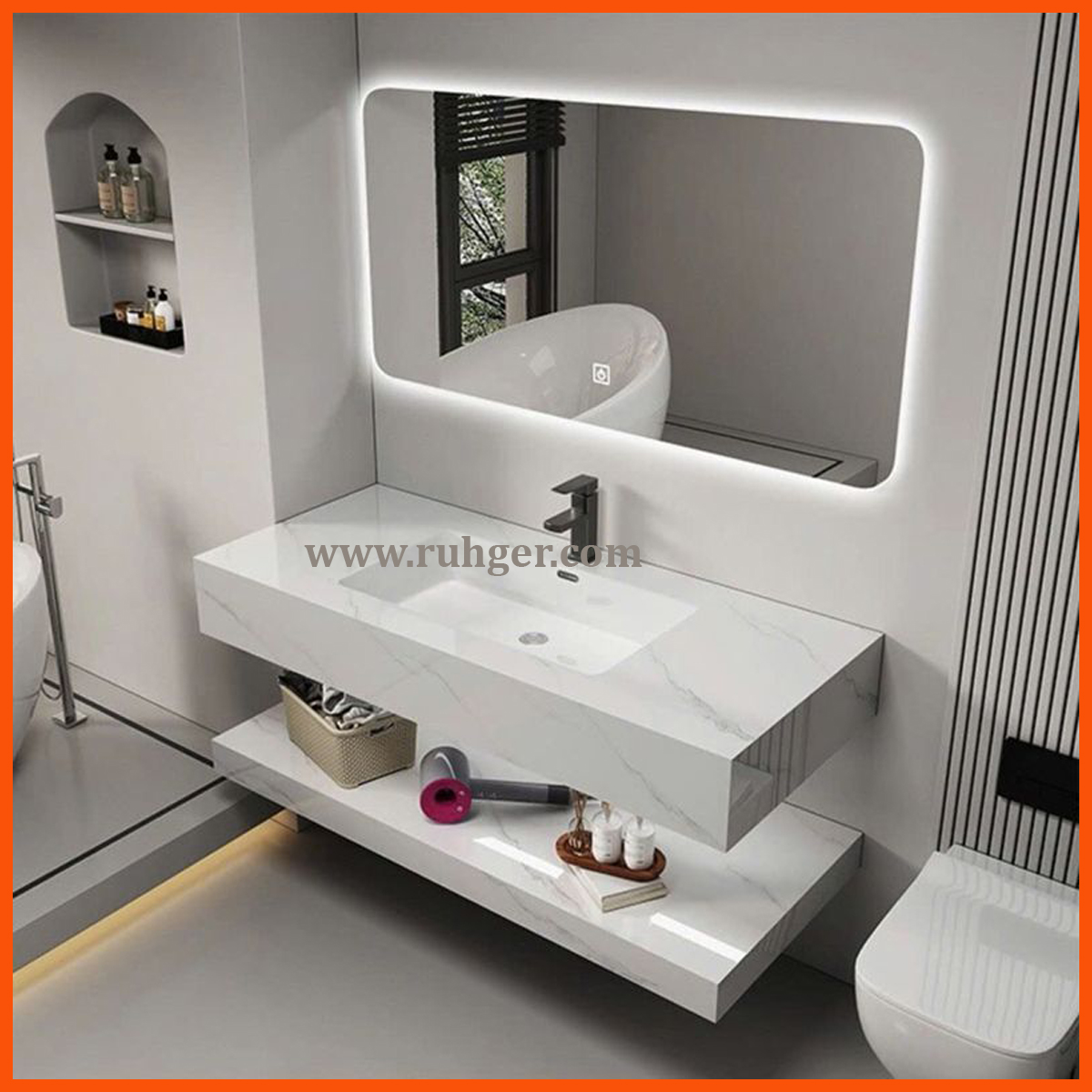 Bàn đá lavabo 2 tầng A8050 màu trắng vân mây, kích thước 800x500mm, chậu tràn viền