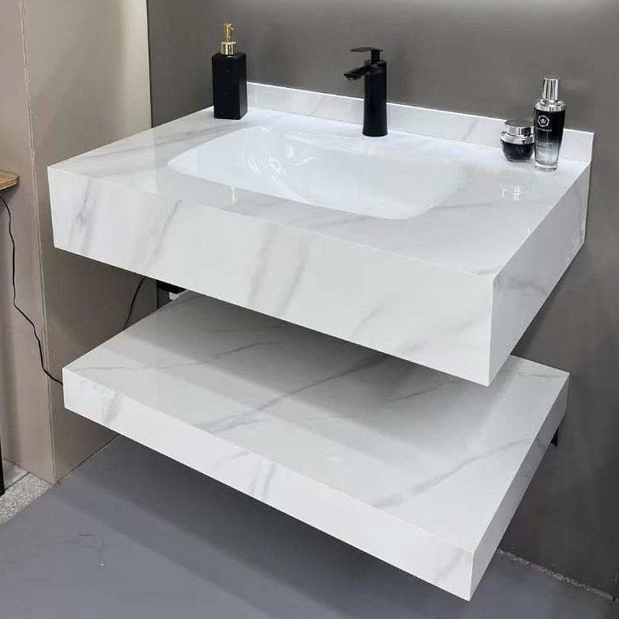 Bàn đá 2 tầng chậu sứ tràn viền RG303 – Kiểu dáng thanh lịch, chống bám bẩn, dễ lau chùi, có 3 màu sắc: trắng vân mây, đen kẻ, xám