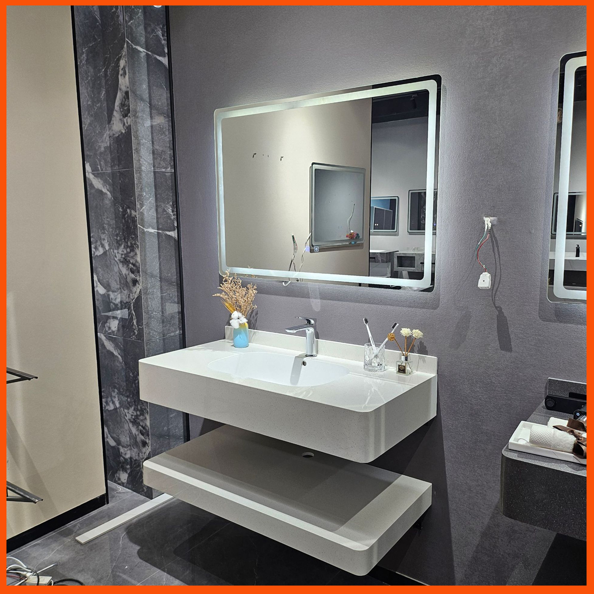 Bàn lavabo 2 tầng B8050 bo viền, mặt đá vân mây kích thước 80x50cm