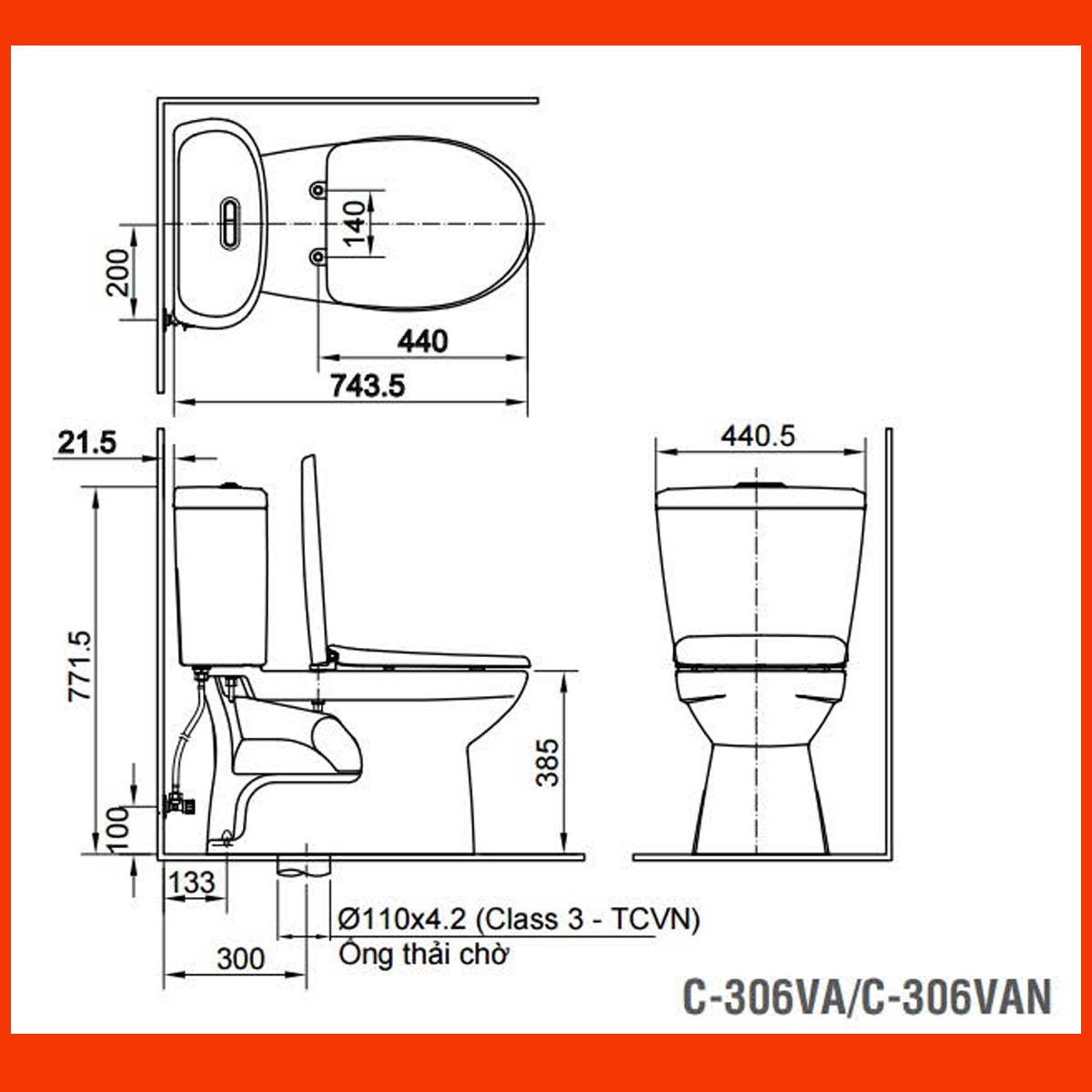 Bản vẽ kỹ thuật bồn cầu Inax C-306VA với thông số chi tiết