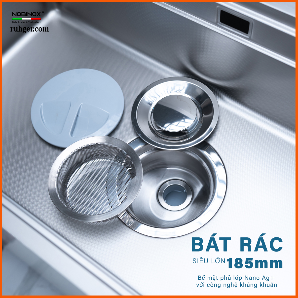 Chậu rửa bát nobinox LIRA NJ562D Bát rác 140mm đúc nguyên khối, 3 lớp lọc chống tắc nước