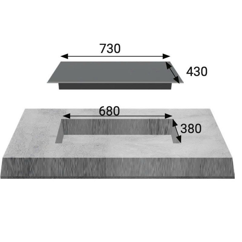 Kích thước mặt kính và kích thước khoét đá bếp điện từ Kaff KF-FL68IC New Plus